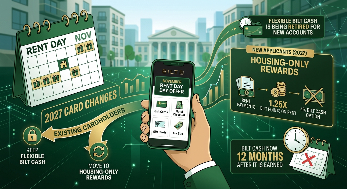 Illustration of November Rent Day, Bilt’s 2027 Housing-only rewards, and the Flexible Bilt Cash decision for existing cardholders