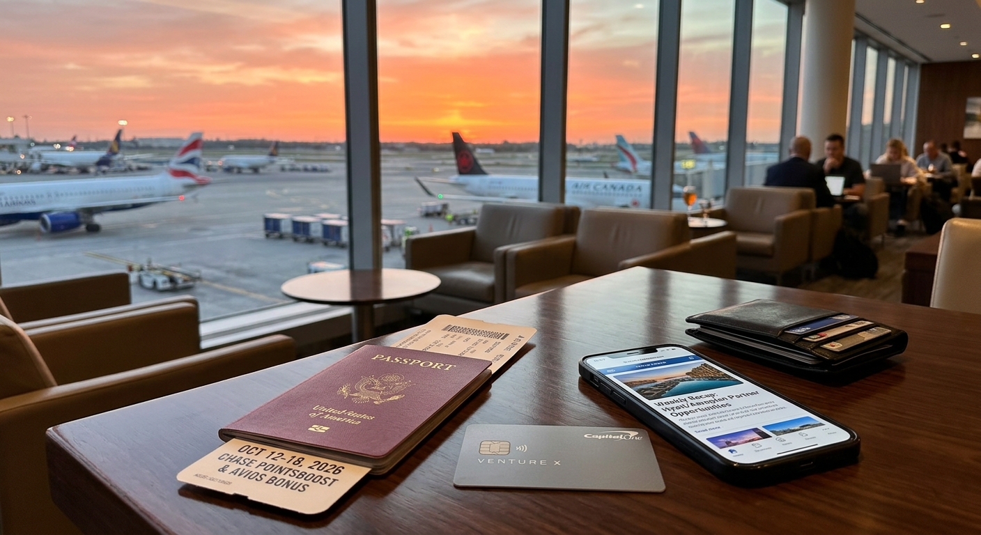 Credit card, passport, and boarding pass in an airport lounge at sunset