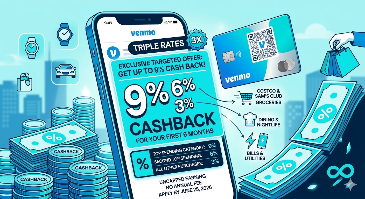 Venmo Credit Card triple cashback offer — 9% on top category, 6% second, 3% all other purchases for first 6 months